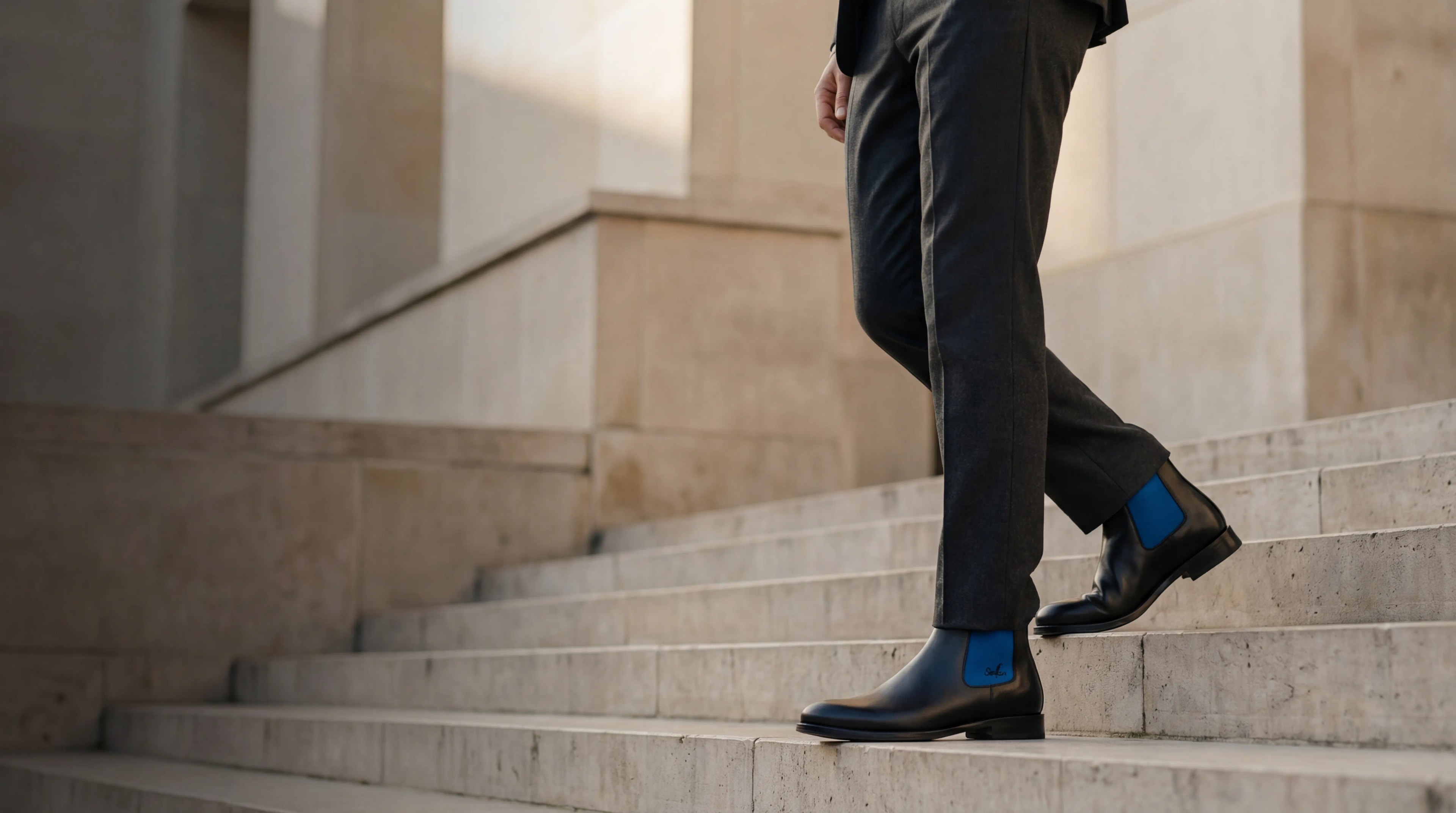 Serfan Chelsea Boot - Black Leather with Cobalt Blue Accent
