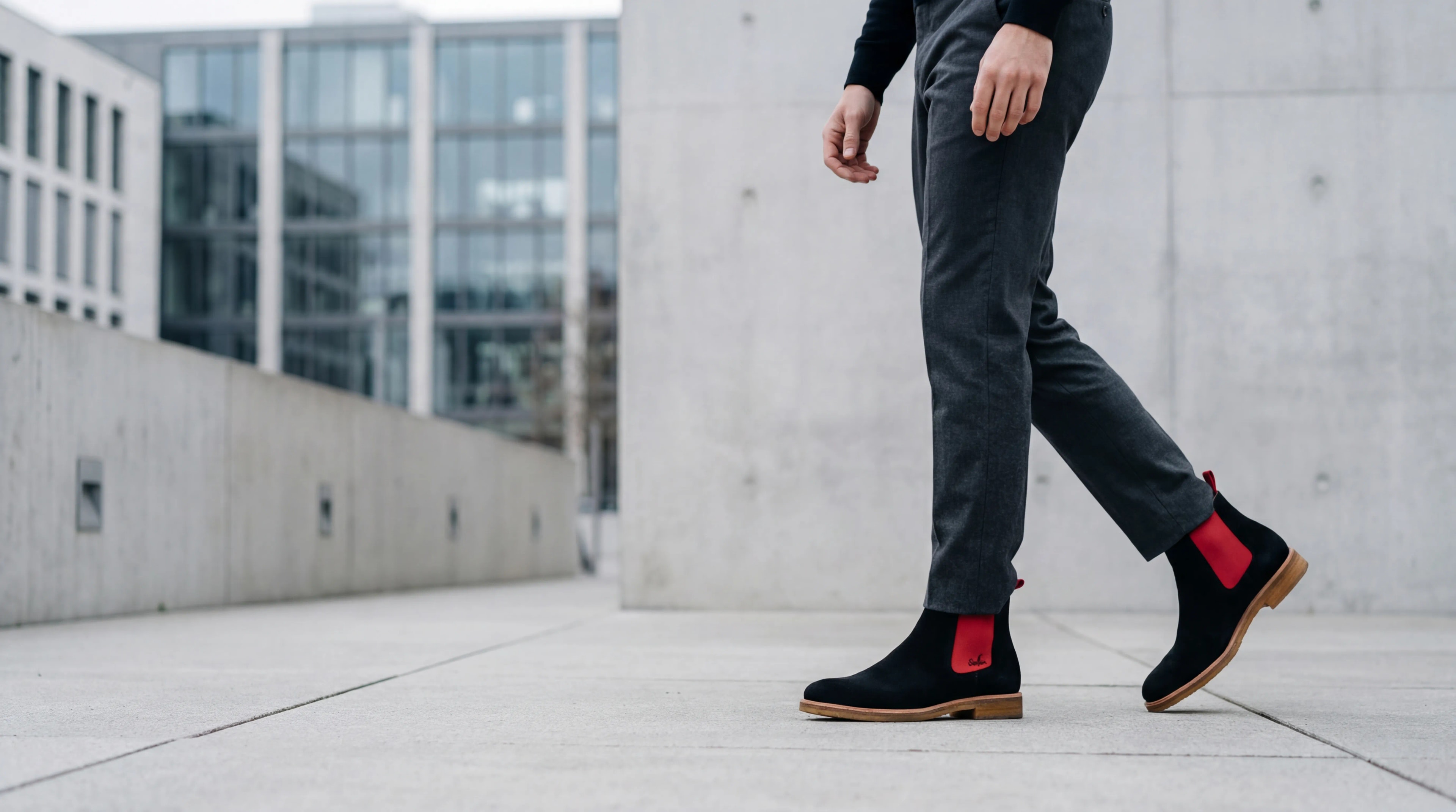 Serfan Chelsea Boot - Black Suede with Crimson Red Accent